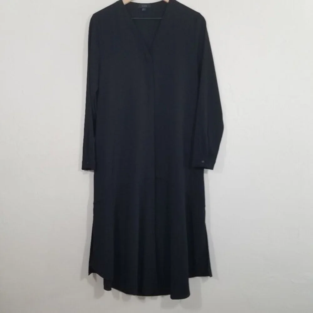 COS Button Up V-Neck Long Sleeve Dress with Pockets Black